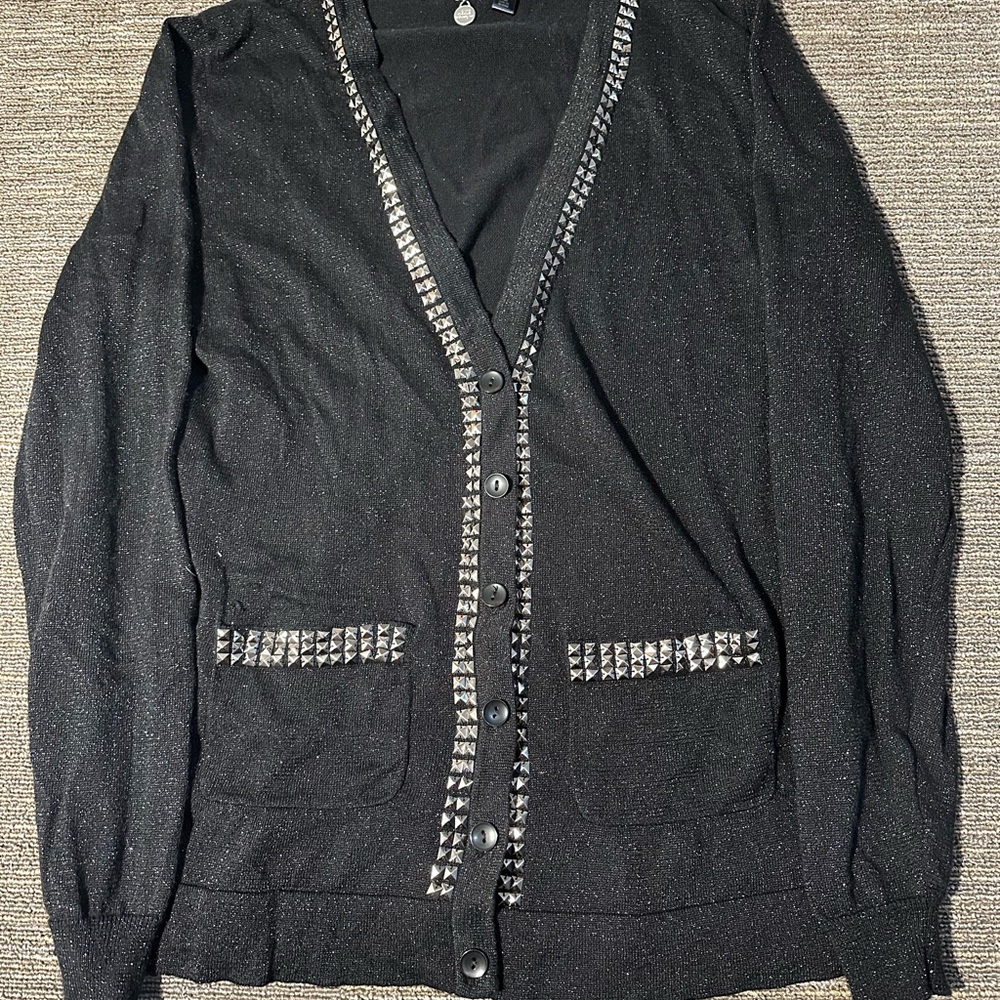 BKE Black and Silver Cardigan Sweater with Metallic Embellishments